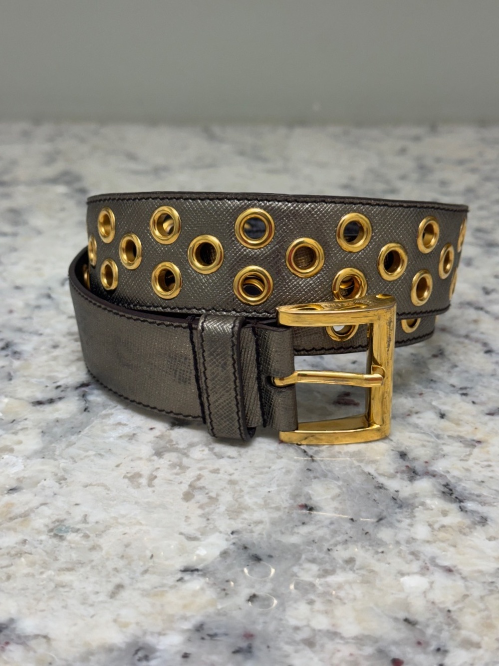 Prada Metallic Bronze Leather Grommet Belt,  Euro sz 85 /US 34